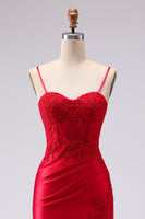 Load image into Gallery viewer, Red Mermaid Spaghetti Straps Appliqued Maxi Prom Dress with Slit