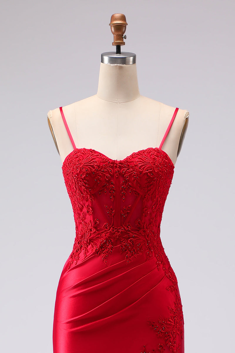 Load image into Gallery viewer, Red Mermaid Spaghetti Straps Appliqued Maxi Prom Dress with Slit