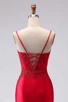 Load image into Gallery viewer, Red Mermaid Spaghetti Straps Appliqued Maxi Prom Dress with Slit