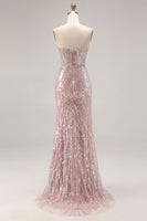 Load image into Gallery viewer, Sparkly Light Pink Mermaid Strapless Long Corset Beaded Prom Dress