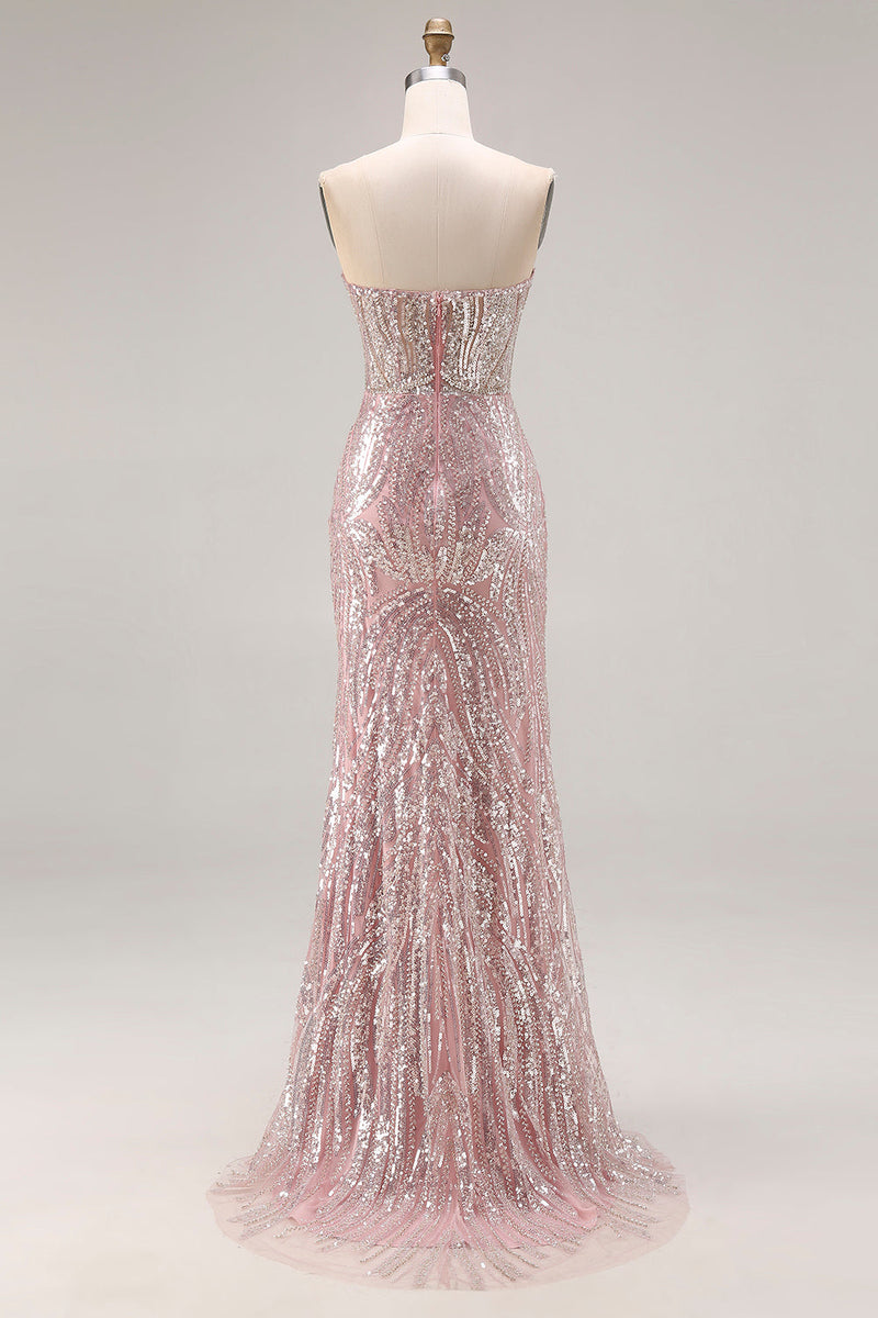 Load image into Gallery viewer, Sparkly Light Pink Mermaid Strapless Long Corset Beaded Prom Dress