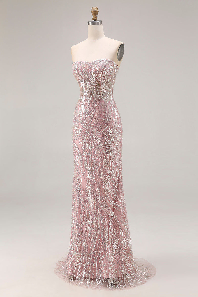 Load image into Gallery viewer, Sparkly Light Pink Mermaid Strapless Long Corset Beaded Prom Dress
