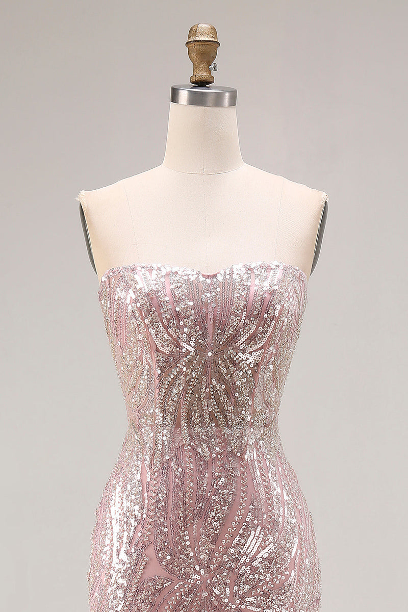 Load image into Gallery viewer, Sparkly Light Pink Mermaid Strapless Long Corset Beaded Prom Dress