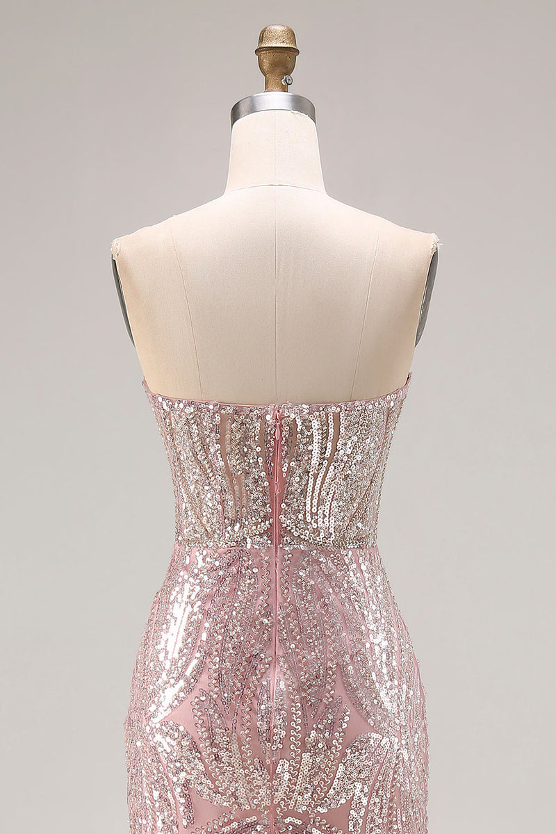 Load image into Gallery viewer, Sparkly Light Pink Mermaid Strapless Long Corset Beaded Prom Dress