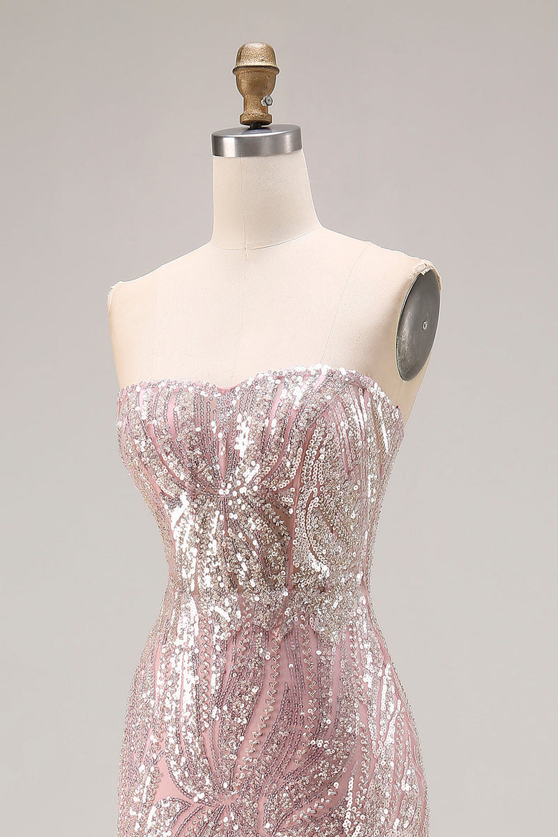 Load image into Gallery viewer, Sparkly Light Pink Mermaid Strapless Long Corset Beaded Prom Dress