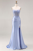 Load image into Gallery viewer, Mermaid Dusty Blue Beaded Spaghetti Straps Long Prom Dress with Slit