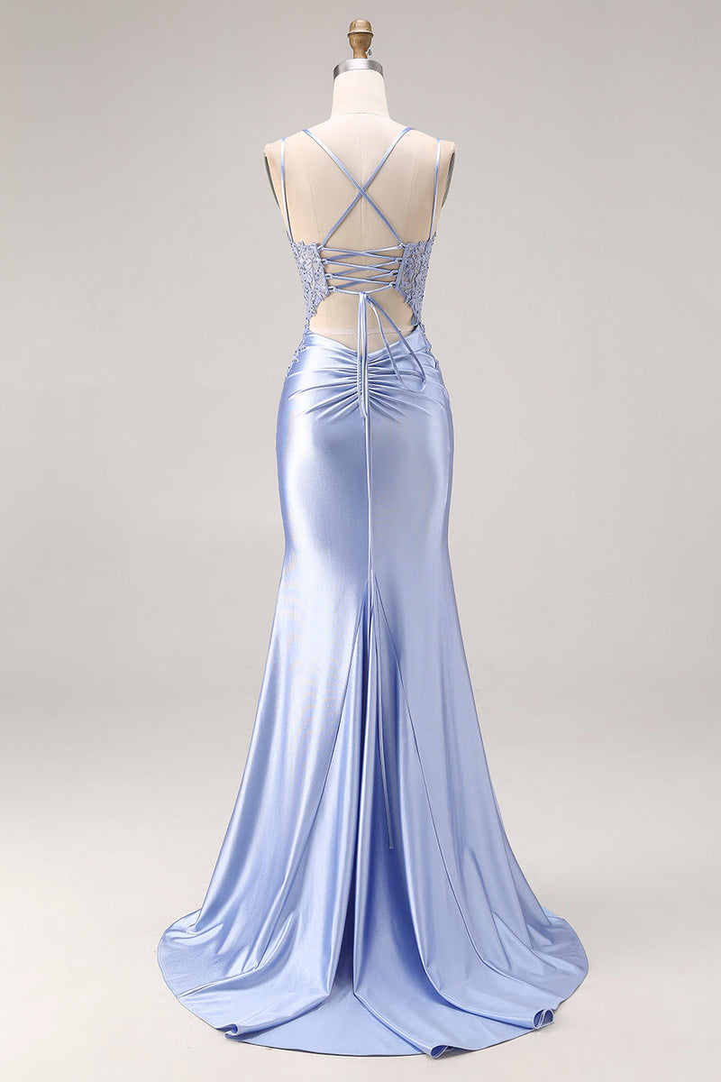 Load image into Gallery viewer, Mermaid Dusty Blue Beaded Spaghetti Straps Long Prom Dress with Slit
