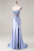 Load image into Gallery viewer, Mermaid Dusty Blue Beaded Spaghetti Straps Long Prom Dress with Slit