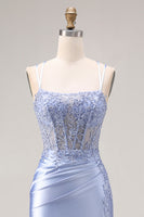 Load image into Gallery viewer, Mermaid Dusty Blue Beaded Spaghetti Straps Long Prom Dress with Slit