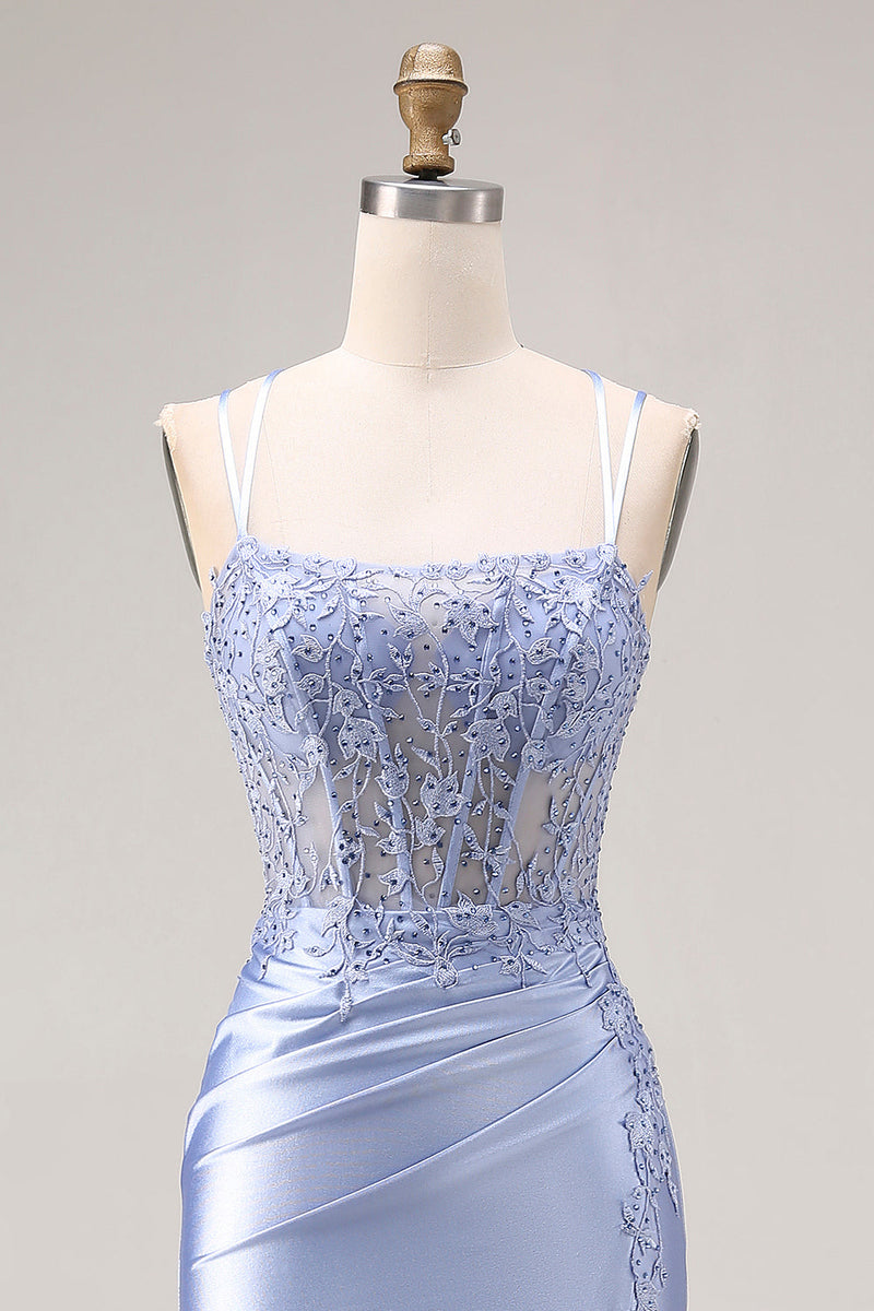 Load image into Gallery viewer, Mermaid Dusty Blue Beaded Spaghetti Straps Long Prom Dress with Slit