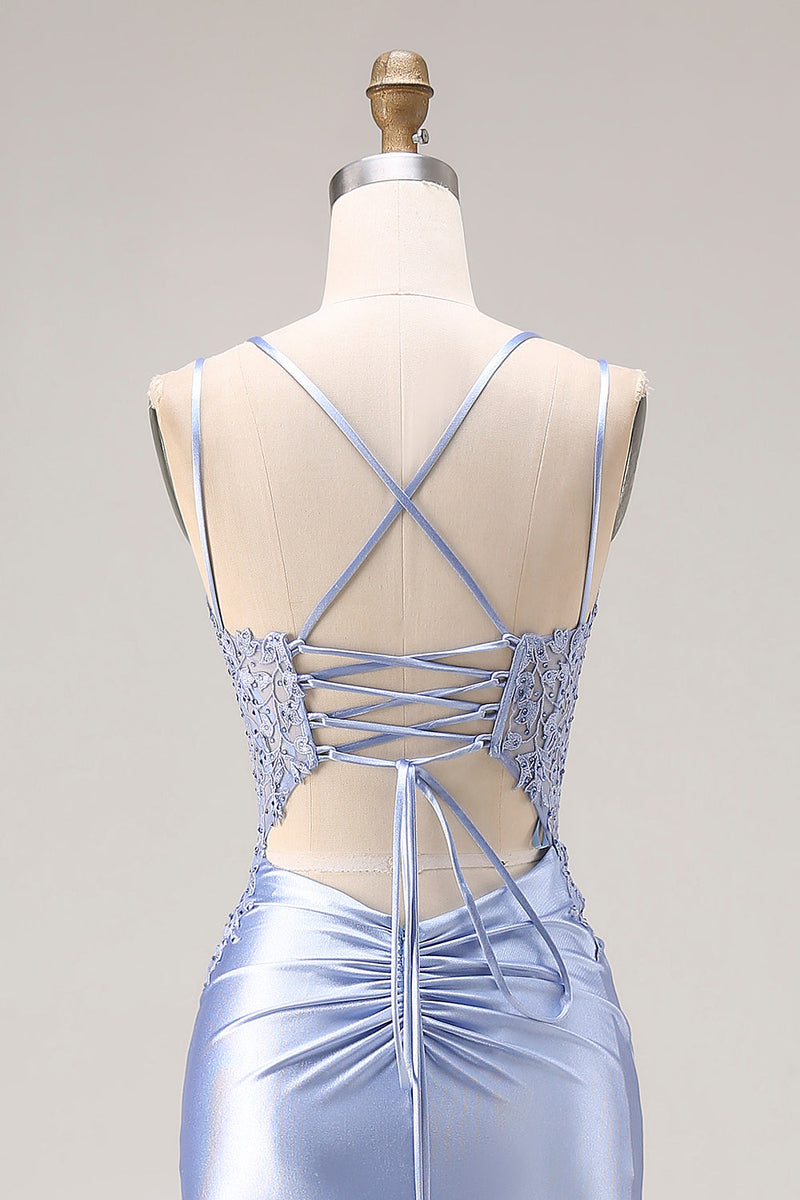 Load image into Gallery viewer, Mermaid Dusty Blue Beaded Spaghetti Straps Long Prom Dress with Slit