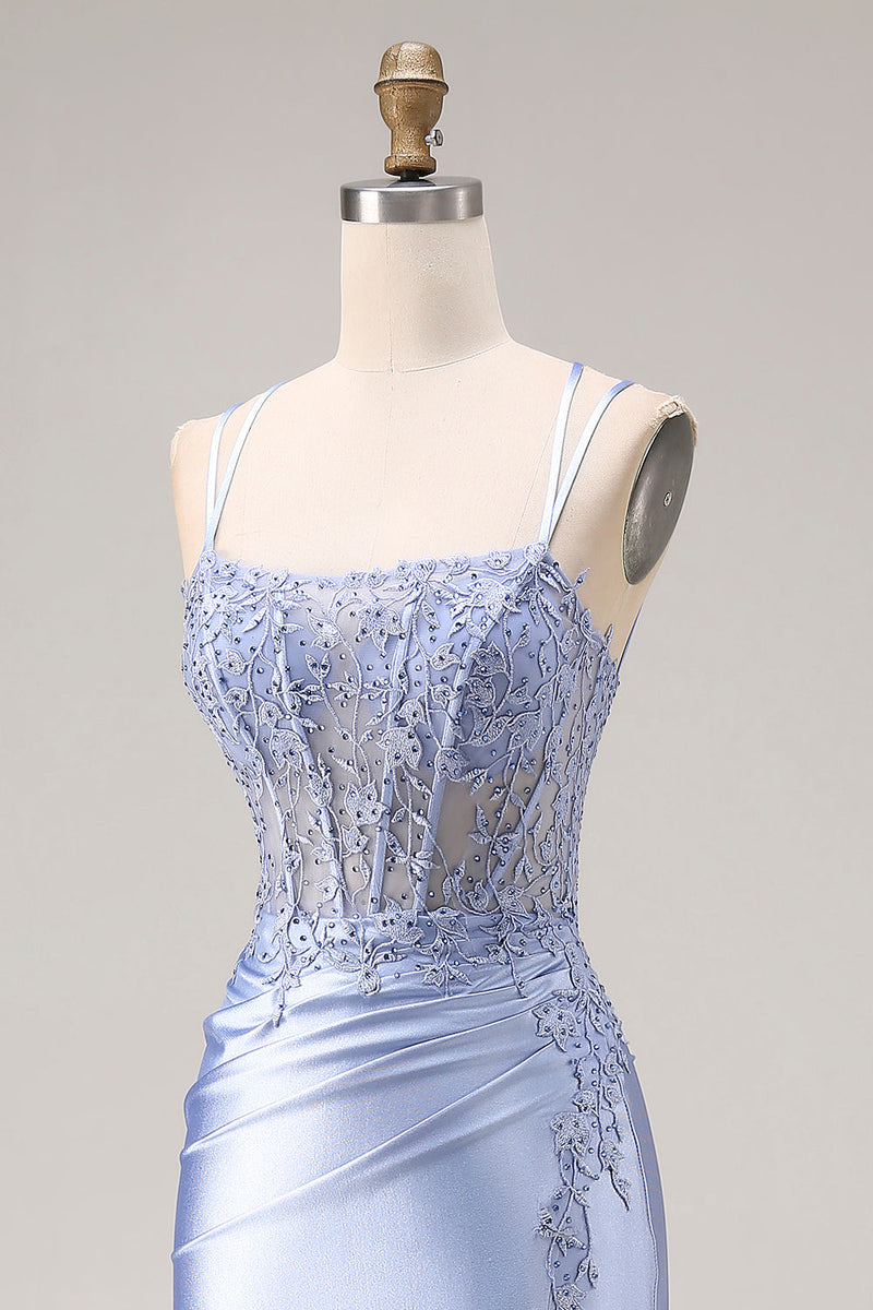 Load image into Gallery viewer, Mermaid Dusty Blue Beaded Spaghetti Straps Long Prom Dress with Slit