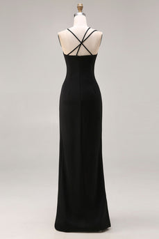 Black Mermaid Spaghetti Straps Long Prom Dress with Slit