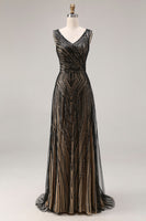 Load image into Gallery viewer, Sparkly Black Beaded A Line V-Neck Long Prom Dress