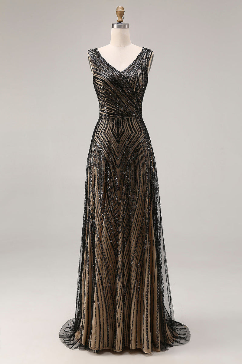 Load image into Gallery viewer, Sparkly Black Beaded A Line V-Neck Long Prom Dress