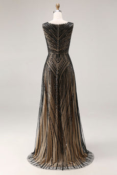 Sparkly Black Beaded A Line V-Neck Long Prom Dress