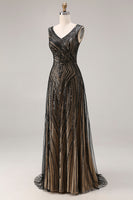 Load image into Gallery viewer, Sparkly Black Beaded A Line V-Neck Long Prom Dress