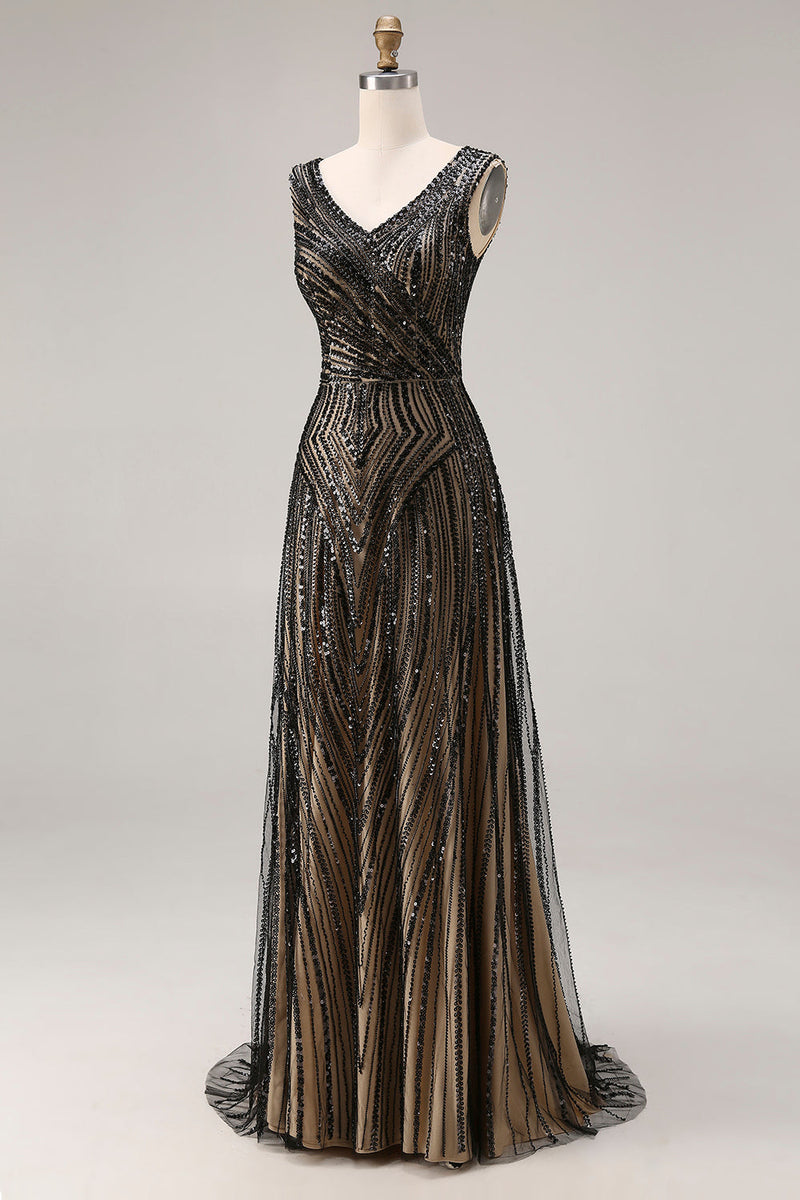 Load image into Gallery viewer, Sparkly Black Beaded A Line V-Neck Long Prom Dress