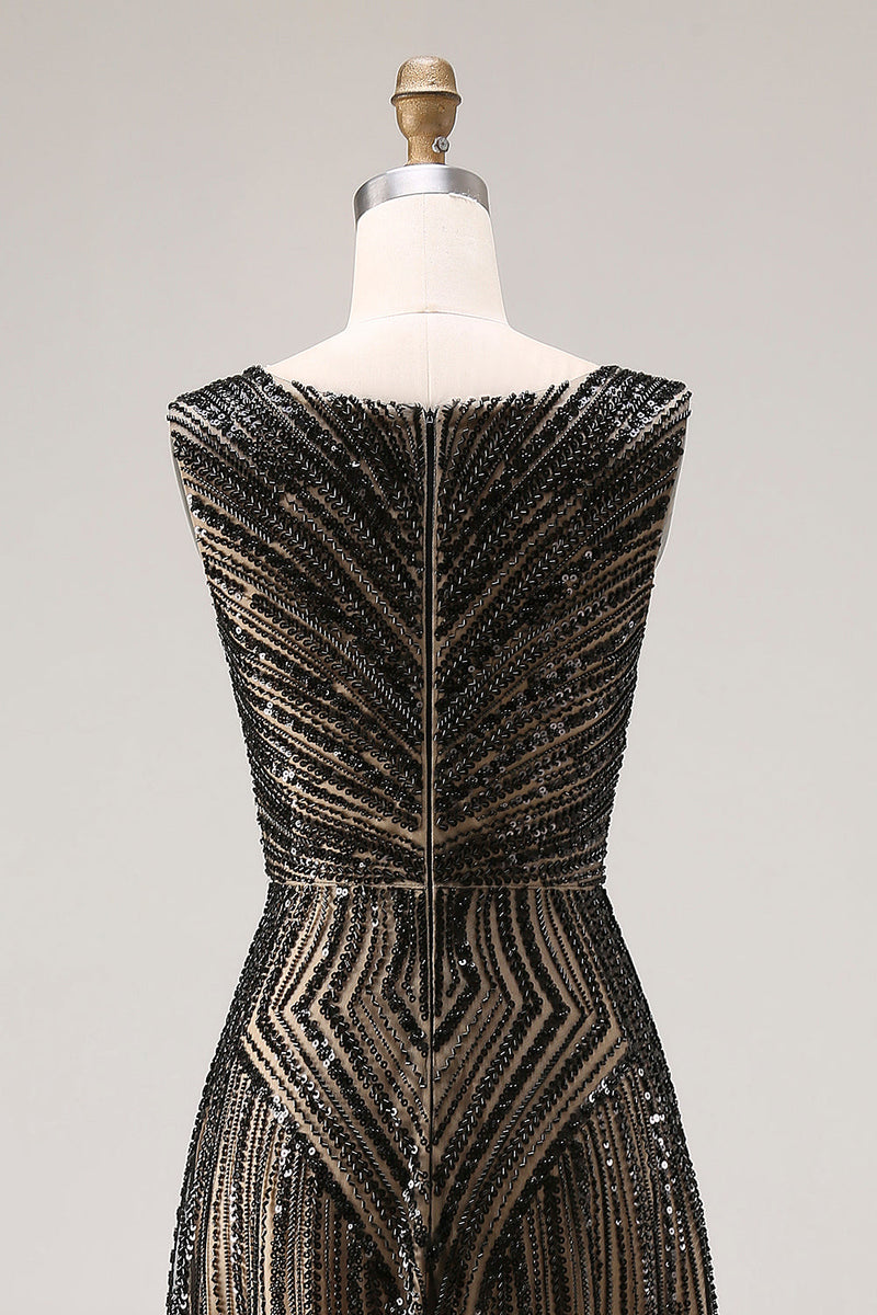 Load image into Gallery viewer, Sparkly Black Beaded A Line V-Neck Long Prom Dress