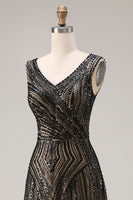 Load image into Gallery viewer, Sparkly Black Beaded A Line V-Neck Long Prom Dress