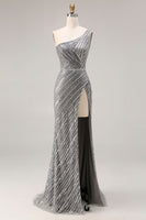 Load image into Gallery viewer, Sparkly Silver One Shoulder Mermaid Long Beaded Prom Dress with Slit