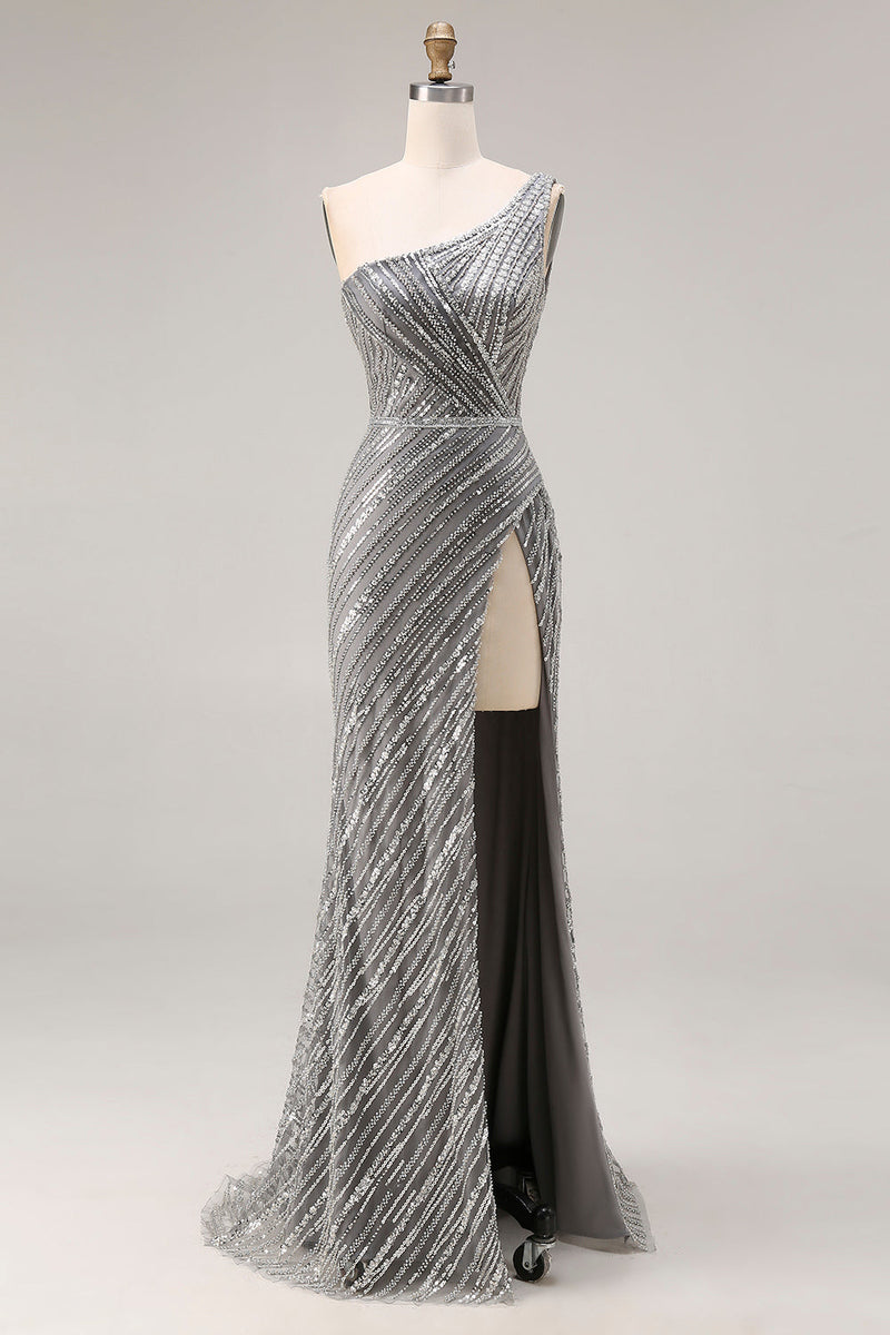 Load image into Gallery viewer, Sparkly Silver One Shoulder Mermaid Long Beaded Prom Dress with Slit