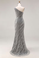 Load image into Gallery viewer, Sparkly Silver One Shoulder Mermaid Long Beaded Prom Dress with Slit