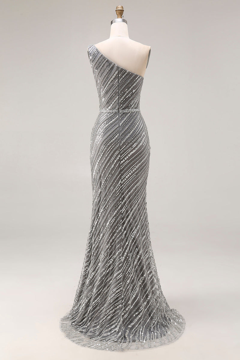 Load image into Gallery viewer, Sparkly Silver One Shoulder Mermaid Long Beaded Prom Dress with Slit