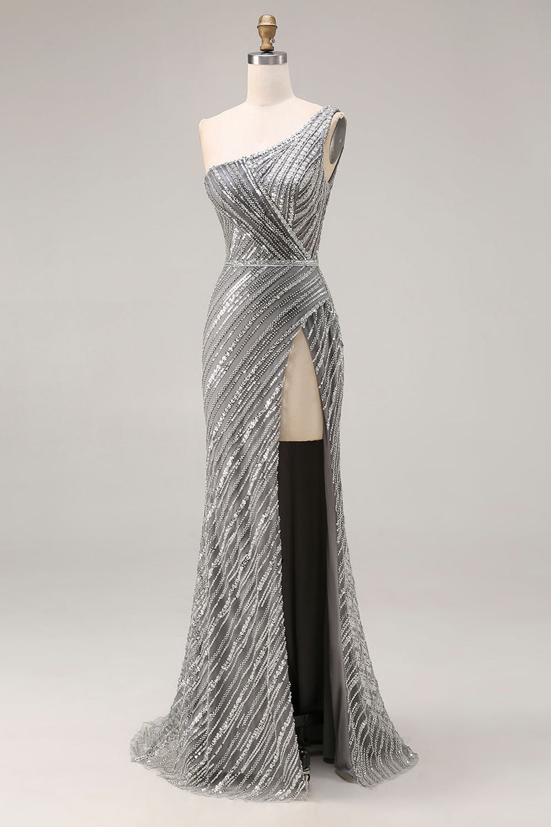Load image into Gallery viewer, Sparkly Silver One Shoulder Mermaid Long Beaded Prom Dress with Slit