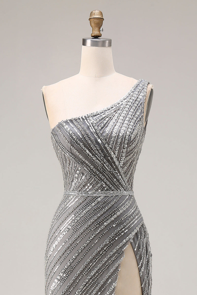 Load image into Gallery viewer, Sparkly Silver One Shoulder Mermaid Long Beaded Prom Dress with Slit