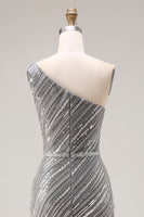 Load image into Gallery viewer, Sparkly Silver One Shoulder Mermaid Long Beaded Prom Dress with Slit