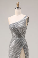 Load image into Gallery viewer, Sparkly Silver One Shoulder Mermaid Long Beaded Prom Dress with Slit