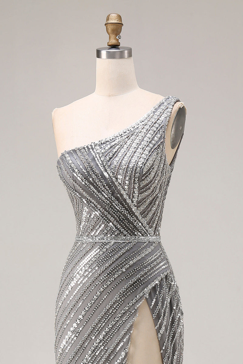 Load image into Gallery viewer, Sparkly Silver One Shoulder Mermaid Long Beaded Prom Dress with Slit
