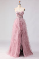 Load image into Gallery viewer, Floral Pink Tulle A Line Sweetheart Long Prom Dress with Beading