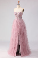 Load image into Gallery viewer, Floral Pink Tulle A Line Sweetheart Long Prom Dress with Beading