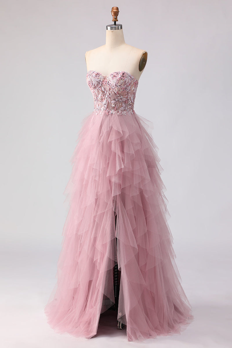 Load image into Gallery viewer, Floral Pink Tulle A Line Sweetheart Long Prom Dress with Beading