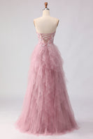 Load image into Gallery viewer, Floral Pink Tulle A Line Sweetheart Long Prom Dress with Beading