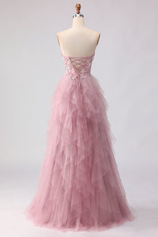 Floral Pink Tulle A Line Sweetheart Long Prom Dress with Beading