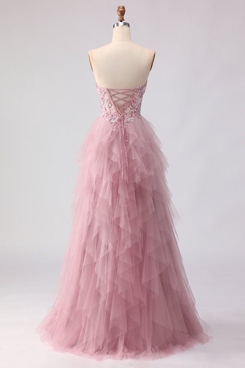 Load image into Gallery viewer, Floral Pink Tulle A Line Sweetheart Long Prom Dress with Beading
