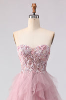 Load image into Gallery viewer, Floral Pink Tulle A Line Sweetheart Long Prom Dress with Beading
