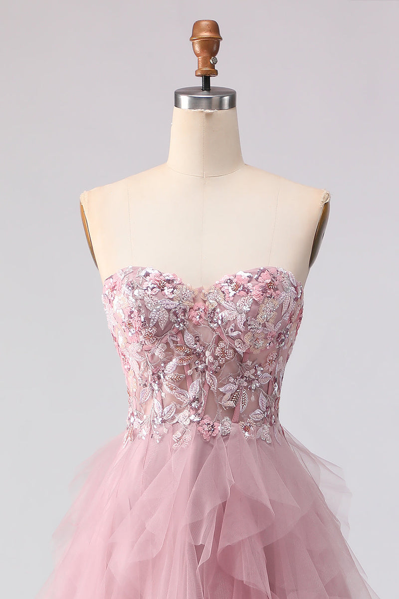 Load image into Gallery viewer, Floral Pink Tulle A Line Sweetheart Long Prom Dress with Beading