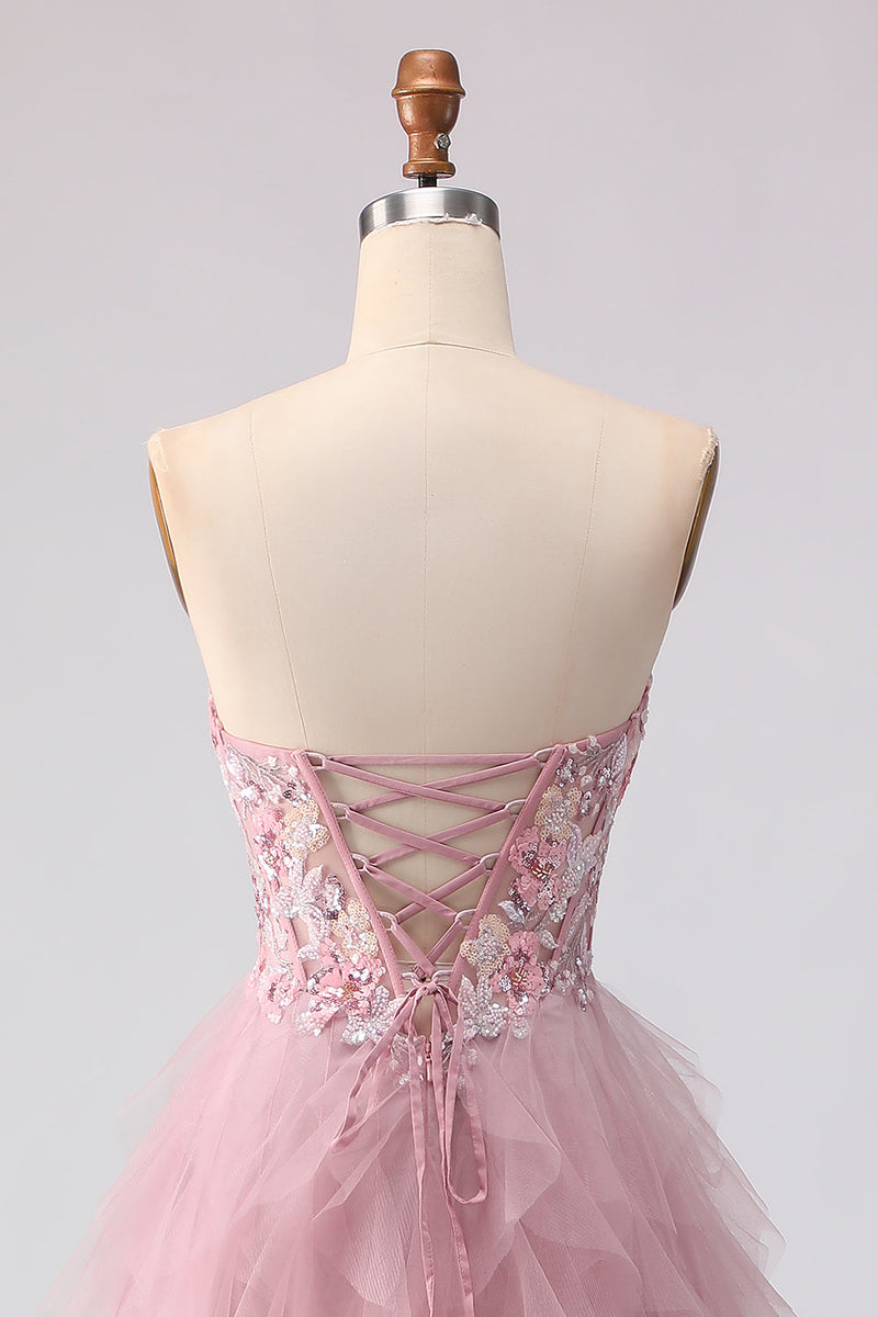 Load image into Gallery viewer, Floral Pink Tulle A Line Sweetheart Long Prom Dress with Beading