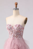 Load image into Gallery viewer, Floral Pink Tulle A Line Sweetheart Long Prom Dress with Beading
