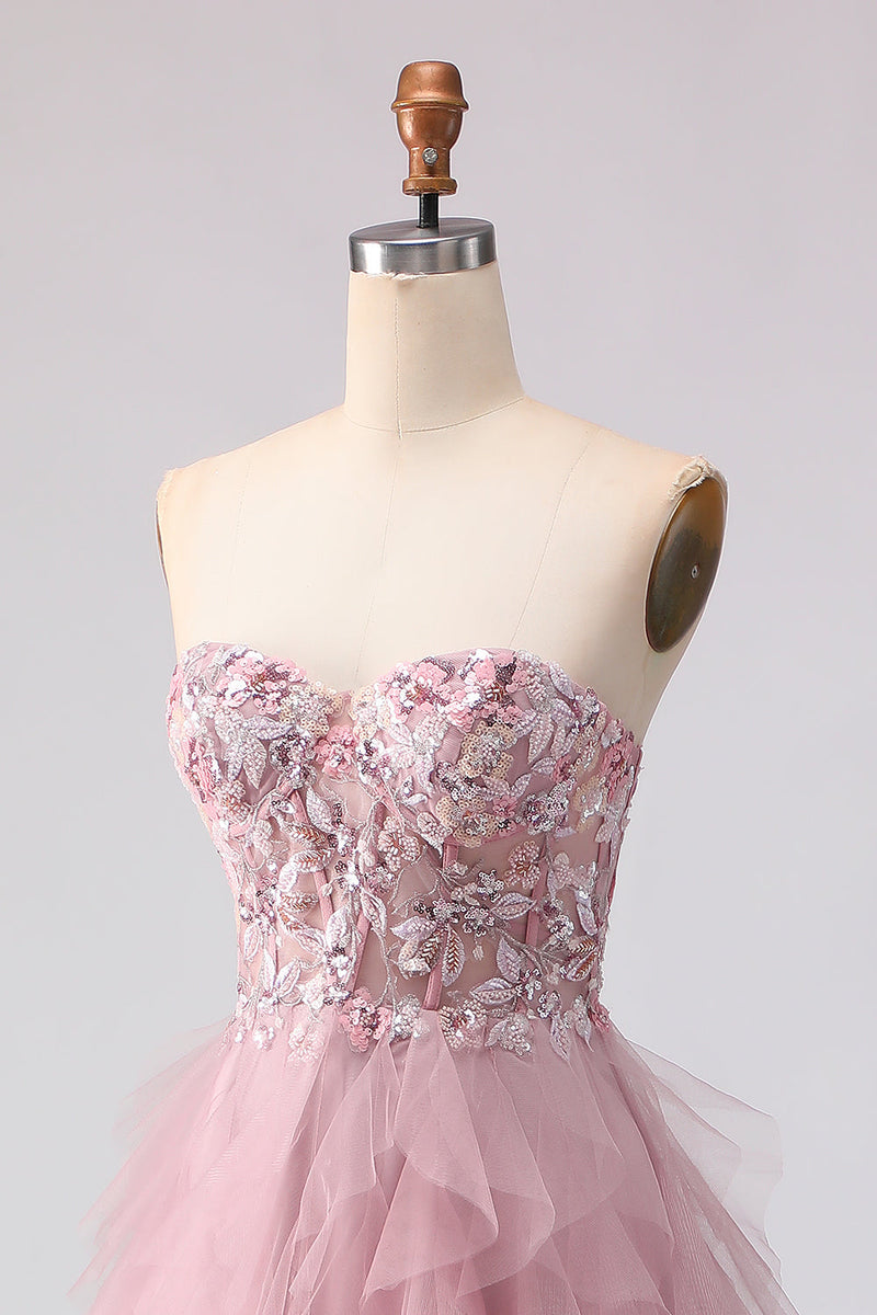 Load image into Gallery viewer, Floral Pink Tulle A Line Sweetheart Long Prom Dress with Beading