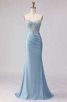 Load image into Gallery viewer, Sky Blue Mermaid Satin Corset Beaded Strapless Long Prom Dress
