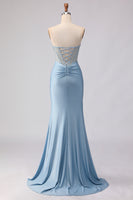 Load image into Gallery viewer, Sky Blue Mermaid Satin Corset Beaded Strapless Long Prom Dress