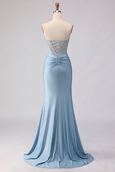 Sky Blue Mermaid Satin Corset Beaded Strapless Long Prom Dress