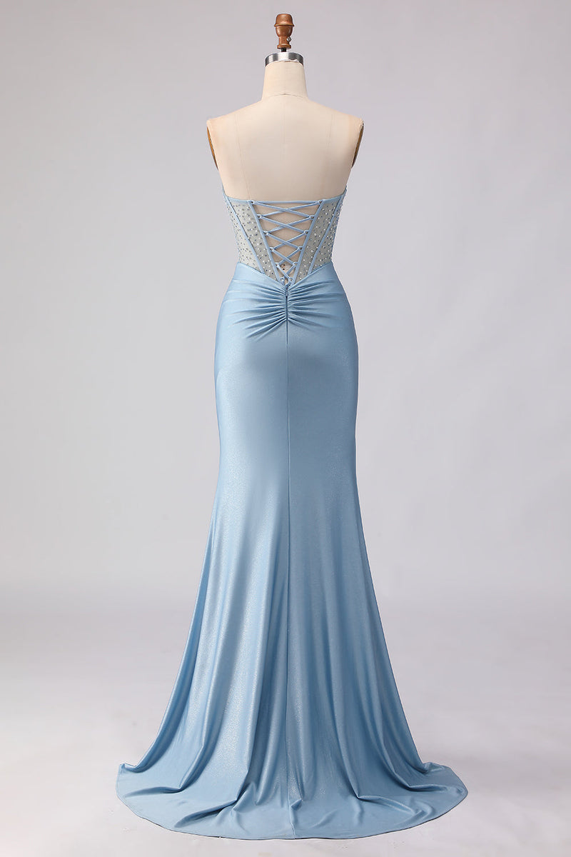 Load image into Gallery viewer, Sky Blue Mermaid Satin Corset Beaded Strapless Long Prom Dress