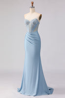 Load image into Gallery viewer, Sky Blue Mermaid Satin Corset Beaded Strapless Long Prom Dress