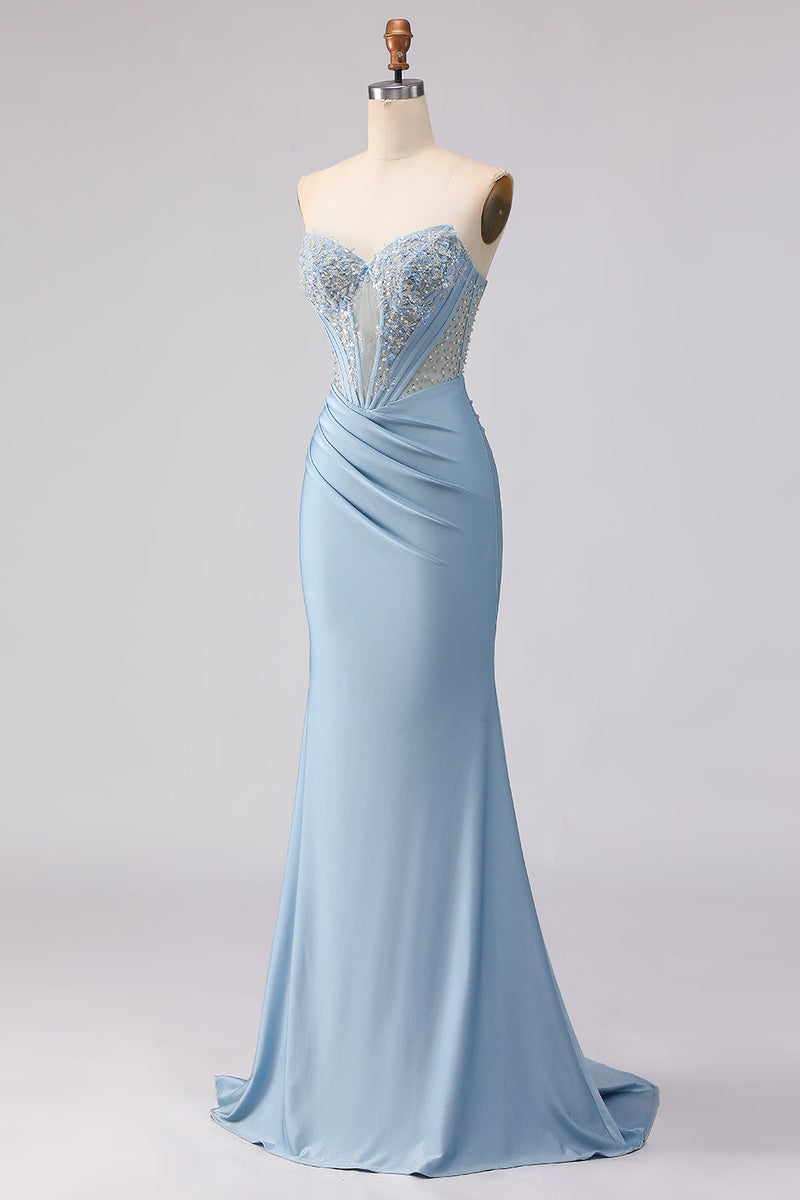 Load image into Gallery viewer, Sky Blue Mermaid Satin Corset Beaded Strapless Long Prom Dress